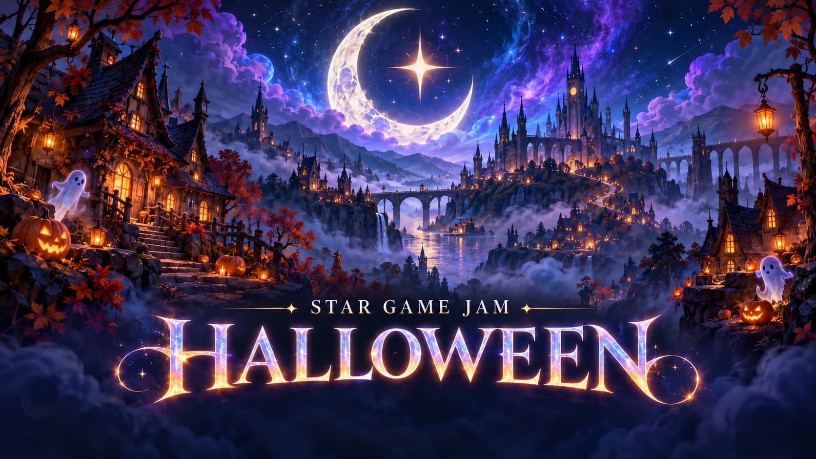 Star Game Jam Halloween poster: a crescent moon over a lantern-lit castle town, with ghosts and jack-o-lanterns.