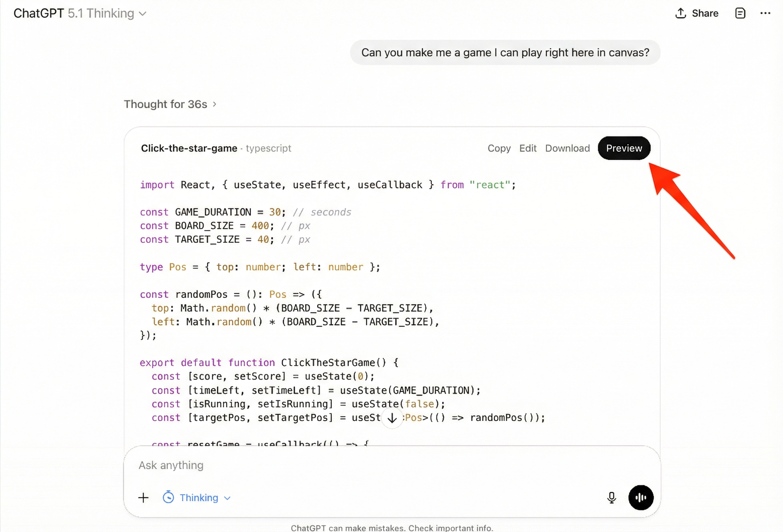 ChatGPT code block with Preview button in the corner